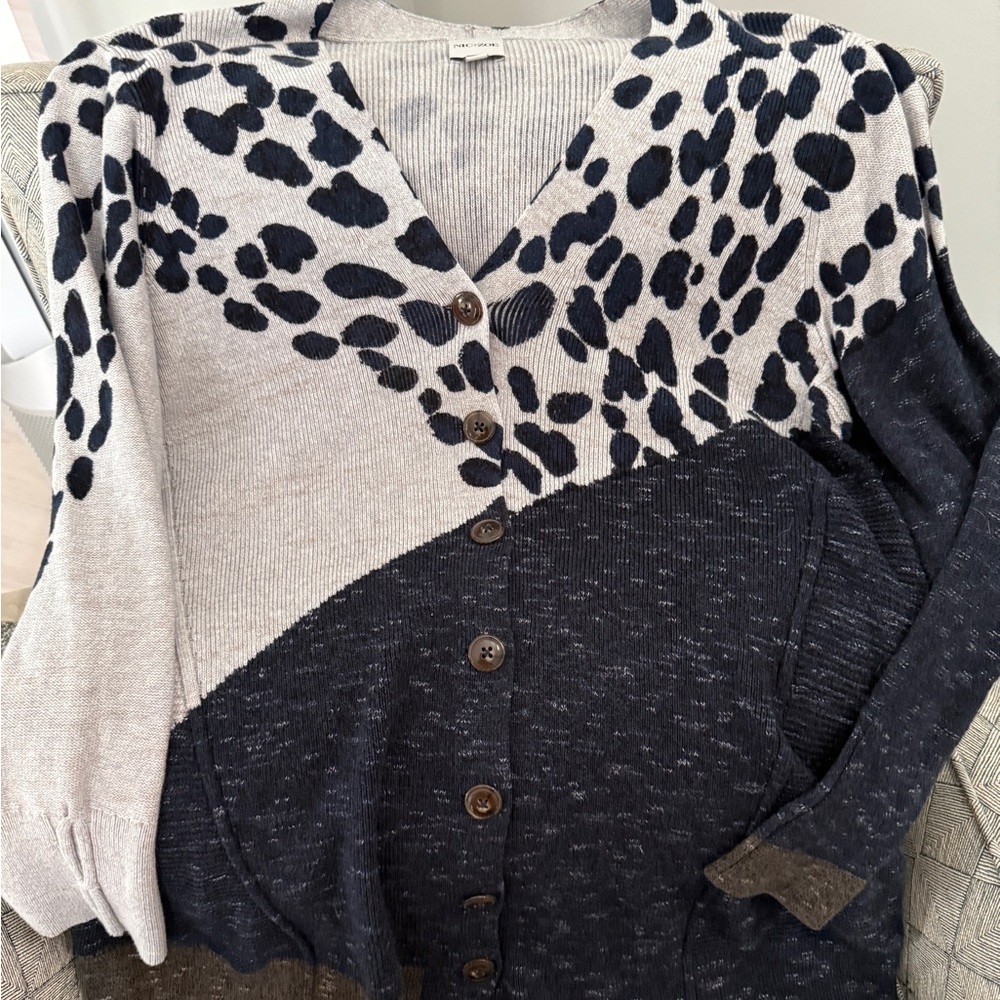 NIC+ZOE Women’s Navy Blue and Gray Longline Animal Print Patterned Cardigan